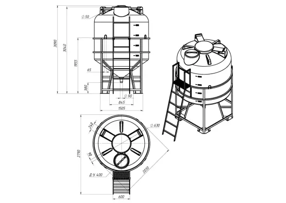 Емкость ЦКТ 5000 л с патрубком 90мм с фланцем белая в обрешетке с лестницей