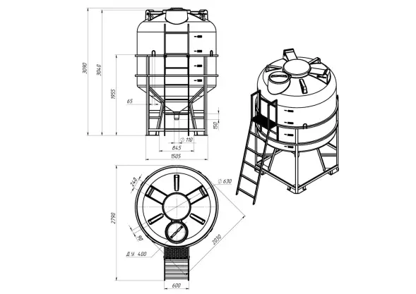 Емкость ЦКТ 5000 л с патрубком 160мм с фланцем под плотность до 1,2 г/см3 белая в обрешетке с лестницей